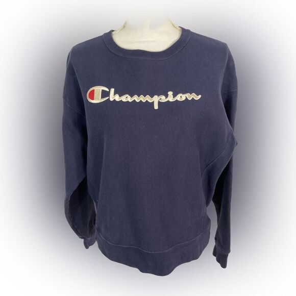 Champion Sweatshirt Women’s L Blue Crewneck Spell Out Garment Dyed WL265 - Picture 1 of 11